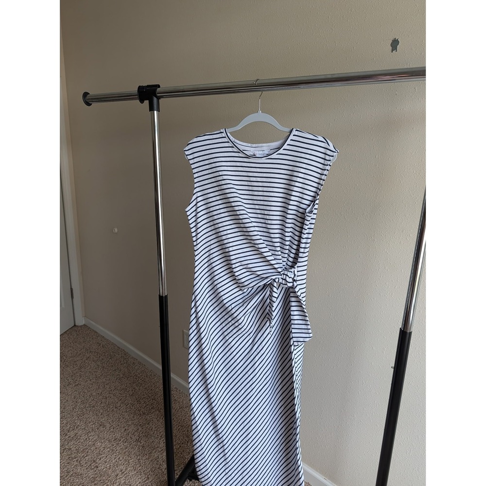 Liz Claiborne Womens Navy White‎ Striped Side Tie Knot Sleeveless Midi Dress M
